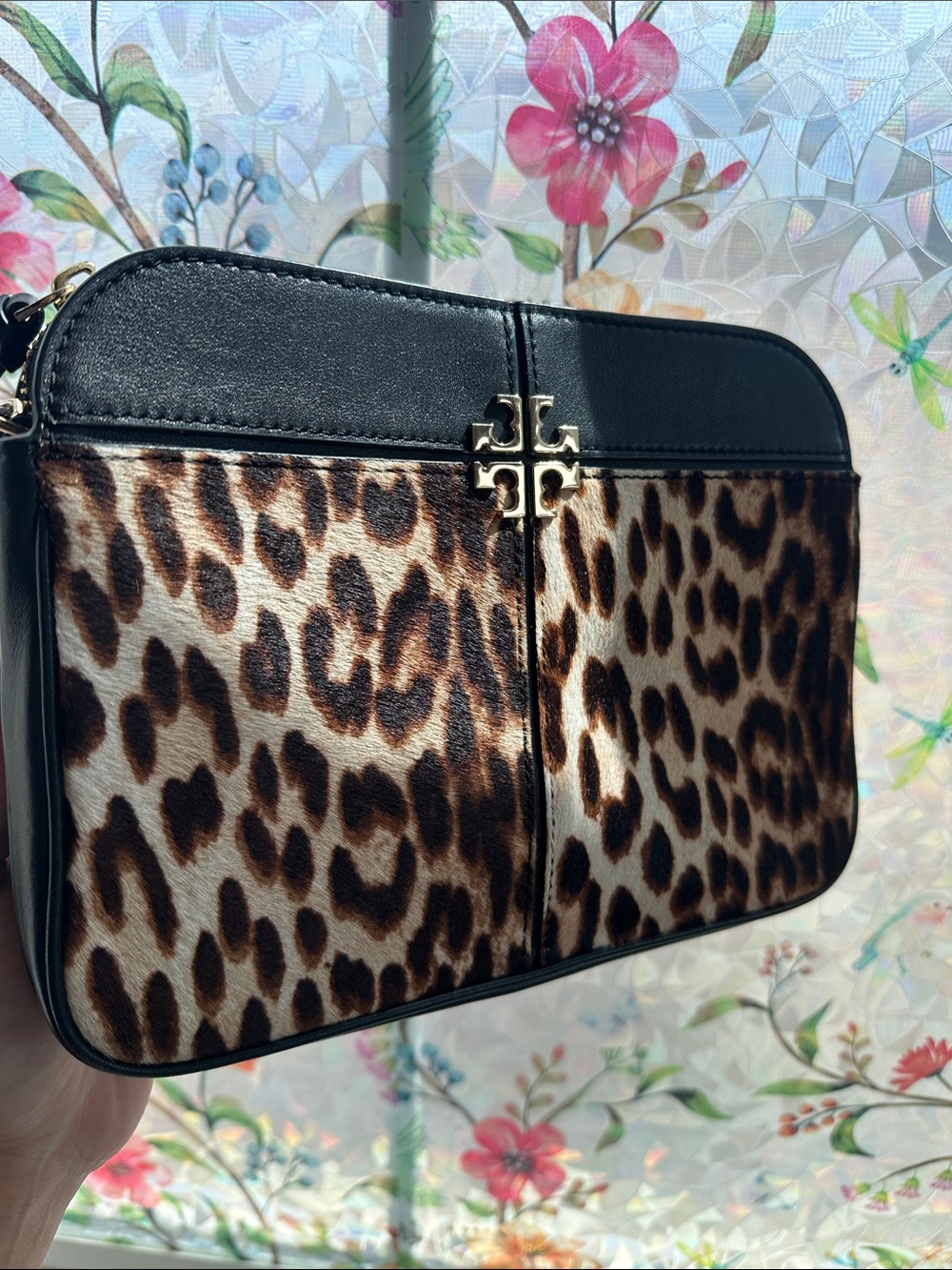 Tory Burch Leopard Calf Hair Leather Crossbody Bag Gold Chain statement like new